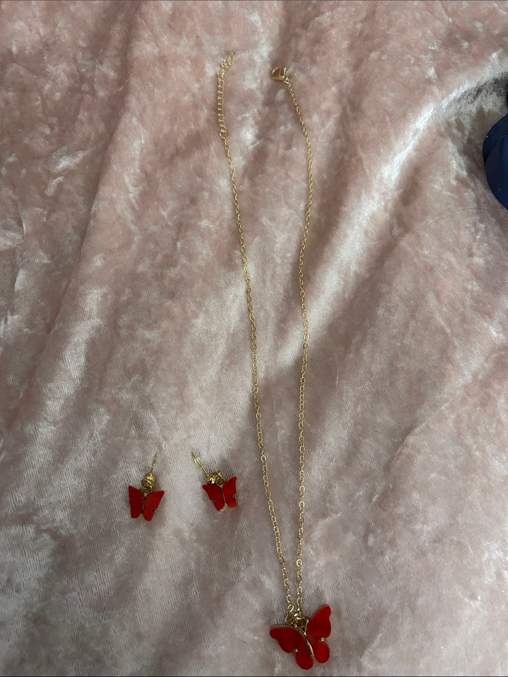 Gold-Tone Red Butterfly Necklace and Earring Set